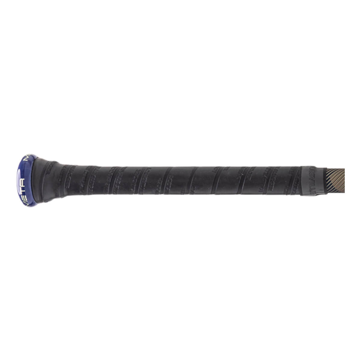 Close-up side view of a black baseball bat grip with a blue end cap showing META and a textured surface.