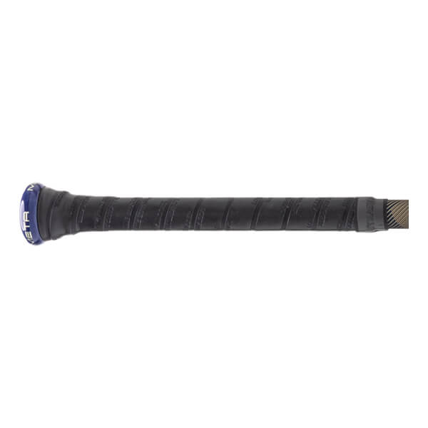 Close-up side view of a black baseball bat grip with a blue end cap showing META and a textured surface.
