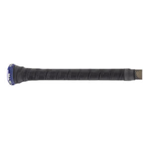 Close-up side view of a black baseball bat grip with a blue end cap showing META and a textured surface.