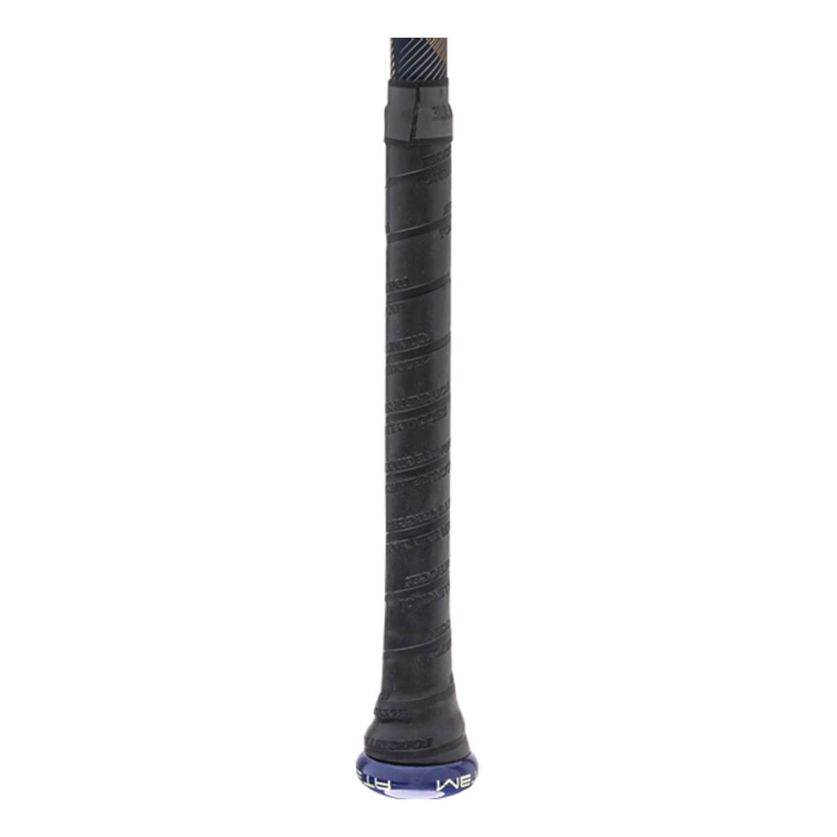 Close-up of a black baseball bat grip with textured tape, a blue knob, and white lettering.