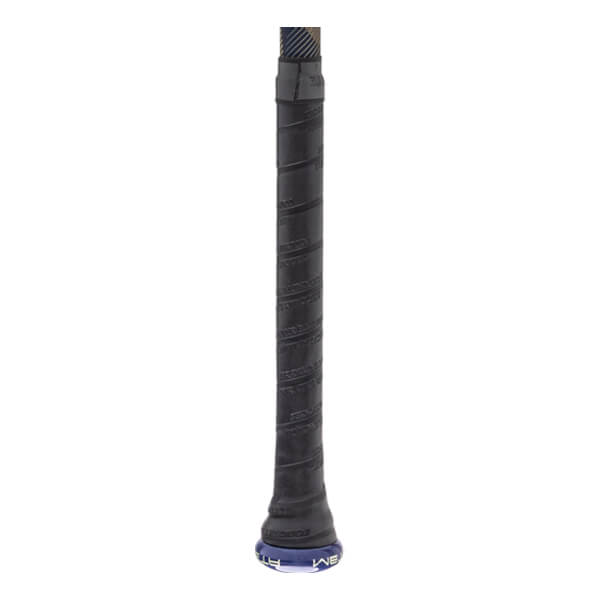 Close-up of a black baseball bat grip with textured tape, a blue knob, and white lettering.