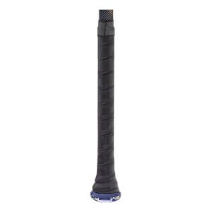 Close-up of a black baseball bat grip with textured tape, a blue knob, and white lettering.