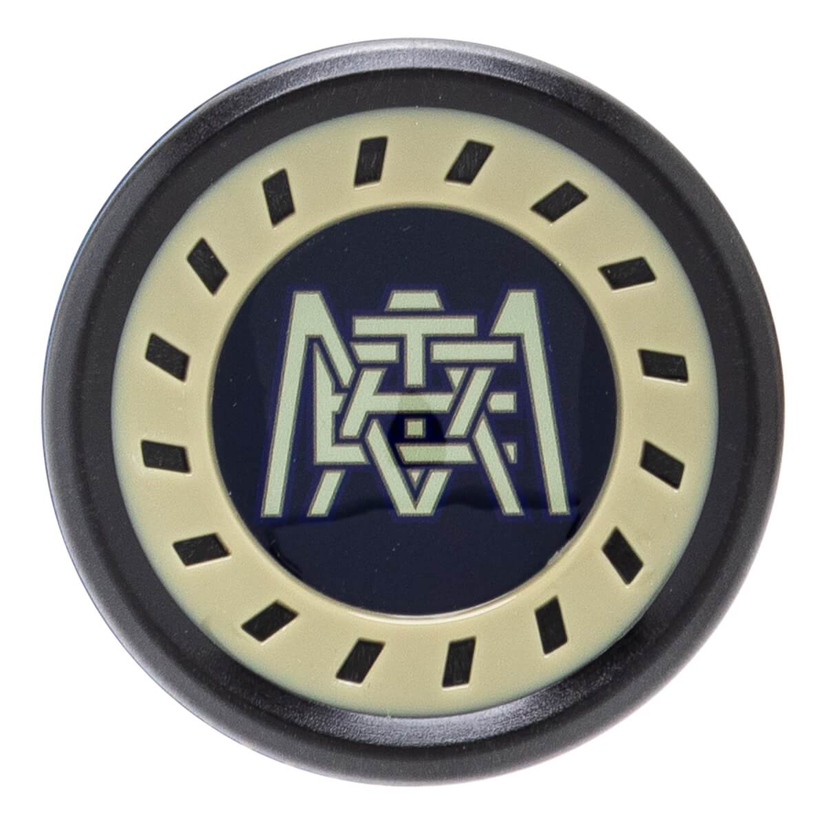 Close-up of a black bat end cap with a beige segmented ring and an intertwined META logo in the dark blue center.