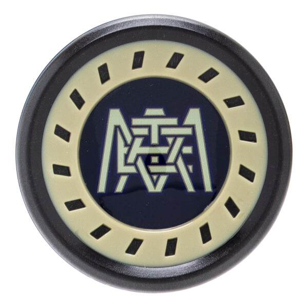 Close-up of a black bat end cap with a beige segmented ring and an intertwined META logo in the dark blue center.