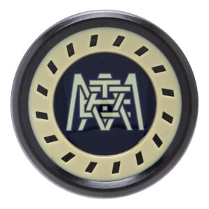 Close-up of a black bat end cap with a beige segmented ring and an intertwined META logo in the dark blue center.