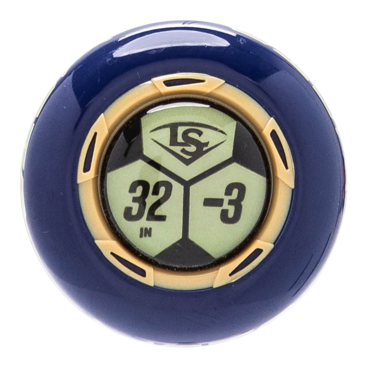 Top-down view of a dark blue baseball bat end cap with a gold ring and a light green hexagonal display showing LS, 32 IN, -3.