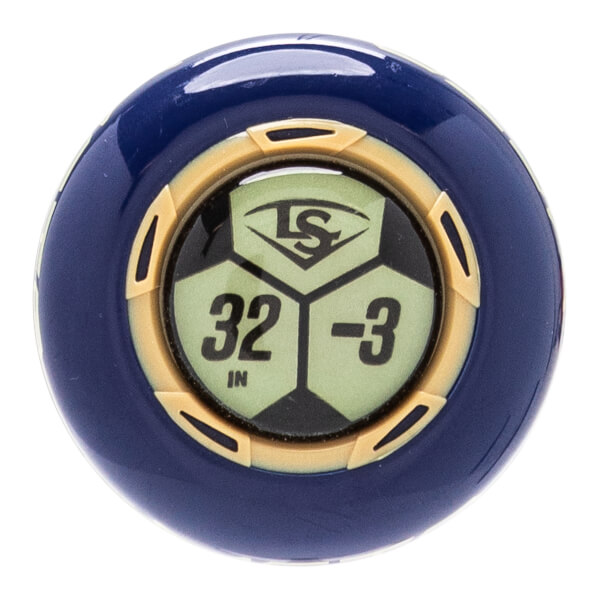 Top-down view of a dark blue baseball bat end cap with a gold ring and a light green hexagonal display showing LS, 32 IN, -3.