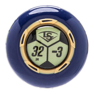 Top-down view of a dark blue baseball bat end cap with a gold ring and a light green hexagonal display showing LS, 32 IN, -3.