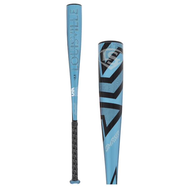 Full-length and close-up views of a light blue bat with black geometric designs, a black patterned grip, and "LOUISVILLE," "OMAHA," and "USA BASEBALL" text.