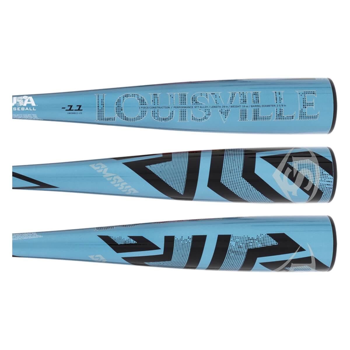 Front, back, and side views of a light blue bat barrel featuring the word LOUISVILLE in large dotted letters, a -11 logo, and black geometric graphics.