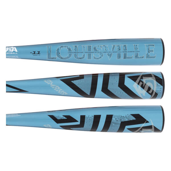 Front, back, and side views of a light blue bat barrel featuring the word LOUISVILLE in large dotted letters, a -11 logo, and black geometric graphics.