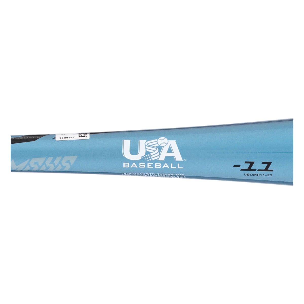 Close-up of the metallic light blue barrel featuring a white USA Baseball logo and black text reading "-11" and "UBOMB11-23".