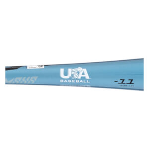 Close-up of the metallic light blue barrel featuring a white USA Baseball logo and black text reading "-11" and "UBOMB11-23".