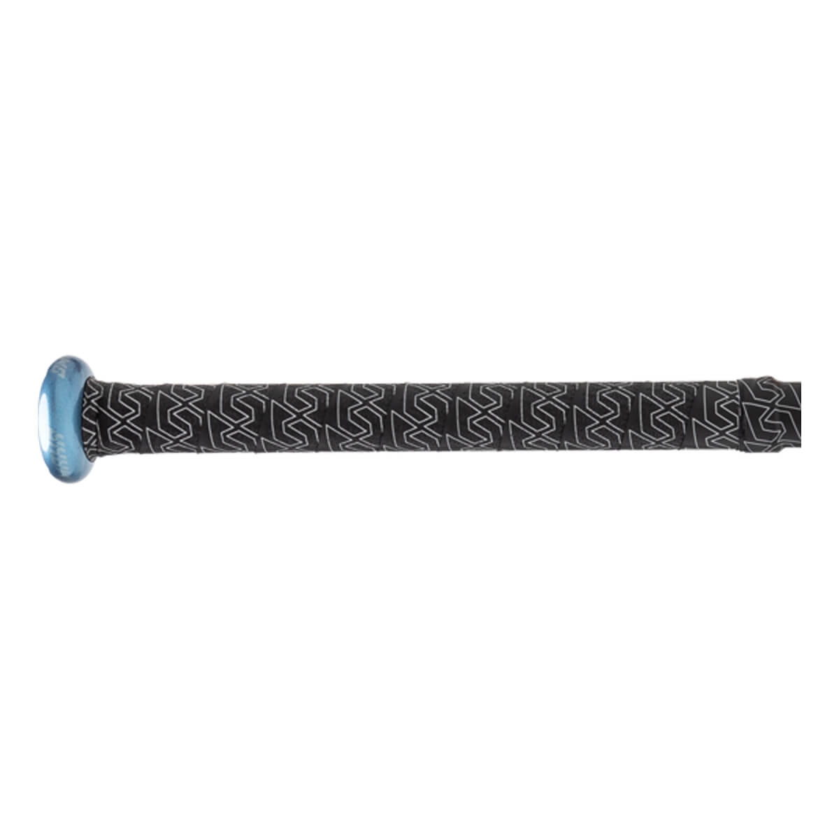 Close-up of the bat handle and metallic light blue knob with "SLUGGER" text and a black grip with a repeating white geometric pattern.