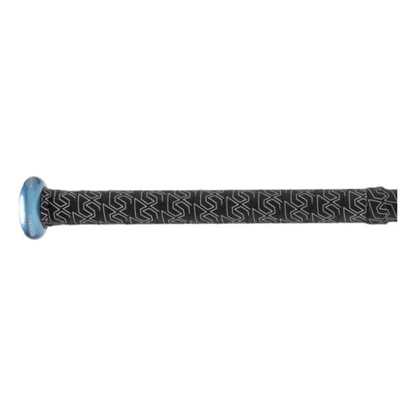 Close-up of the bat handle and metallic light blue knob with "SLUGGER" text and a black grip with a repeating white geometric pattern.