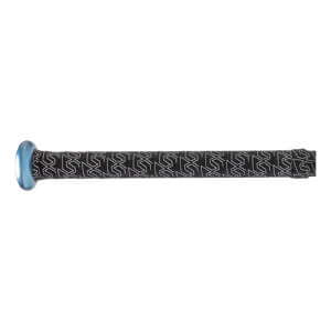 Close-up of the bat handle and metallic light blue knob with "SLUGGER" text and a black grip with a repeating white geometric pattern.