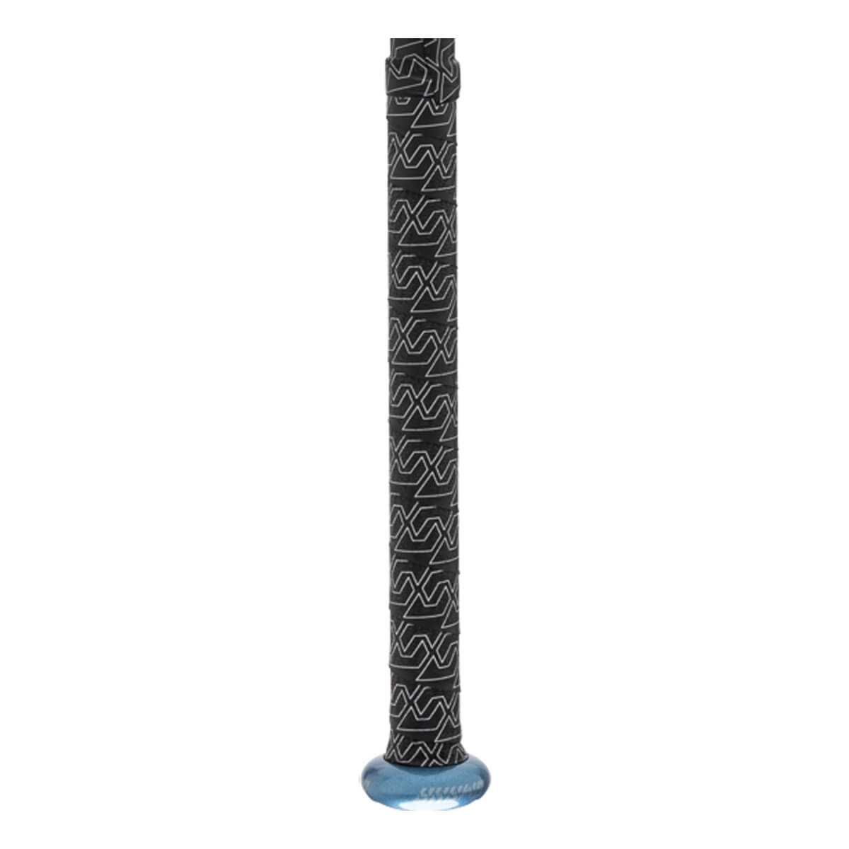 Close-up of the bat handle featuring a black grip with white repeating geometric patterns and a translucent blue knob at the base.