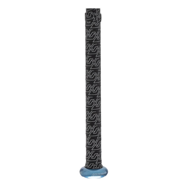Close-up of the bat handle featuring a black grip with white repeating geometric patterns and a translucent blue knob at the base.