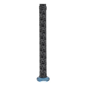 Close-up of the bat handle featuring a black grip with white repeating geometric patterns and a translucent blue knob at the base.