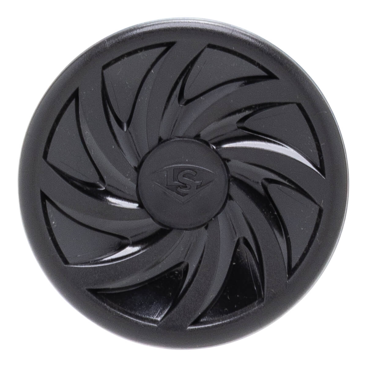Top-down view of the black end cap featuring a turbine-like spiral design and the LS logo embossed in the center.