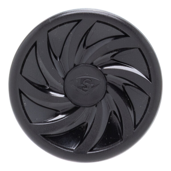 Top-down view of the black end cap featuring a turbine-like spiral design and the LS logo embossed in the center.