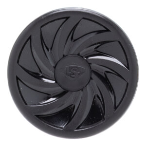 Top-down view of the black end cap featuring a turbine-like spiral design and the LS logo embossed in the center.