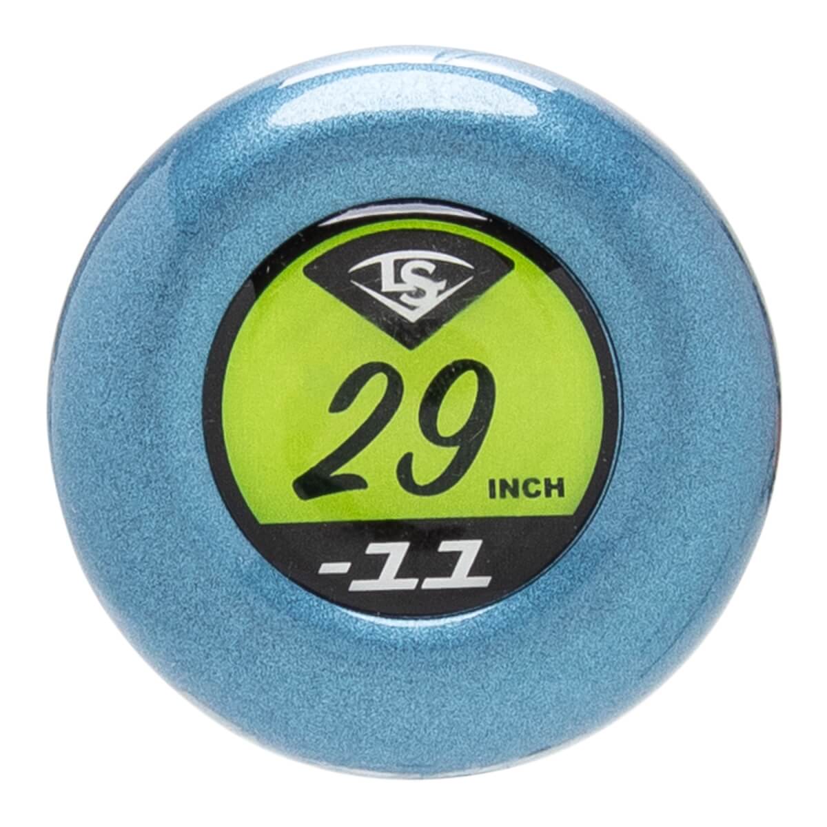Top-down view of the metallic blue end cap featuring a lime green and black center sticker with the Louisville Slugger logo and the text "29 INCH" and "-11".