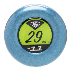 Top-down view of the metallic blue end cap featuring a lime green and black center sticker with the Louisville Slugger logo and the text "29 INCH" and "-11".