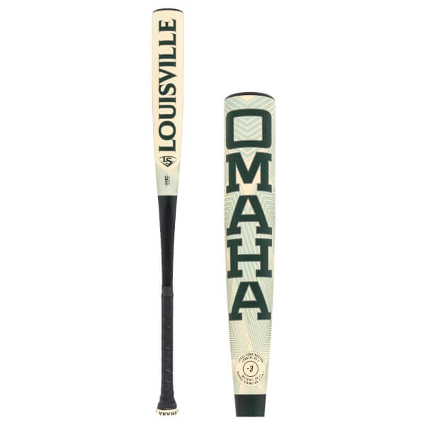 Dual side view of a cream baseball bat with green LOUISVILLE and OMAHA branding, a geometric pattern, and a black grip.