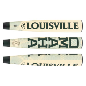 Multiple views of an off-white baseball bat with dark green LOUISVILLE and OMAHA text, plus a geometric pattern.