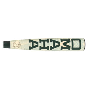 Side view of a cream and dark green baseball bat with large OMAHA text, a geometric pattern, and a circular label.