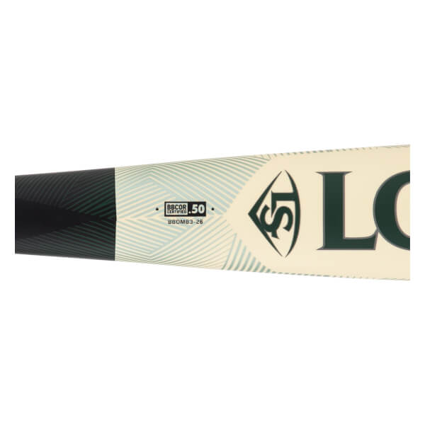 Close-up of a cream and dark green baseball bat with BBCOR .50 certification, LS logo, and striped pattern.