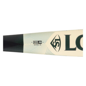 Close-up of a cream and dark green baseball bat with BBCOR .50 certification, LS logo, and striped pattern.