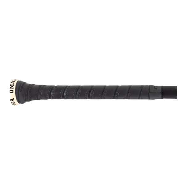 Close-up of a black baseball bat handle with a spiral-wrapped grip and white knob featuring OMA text.