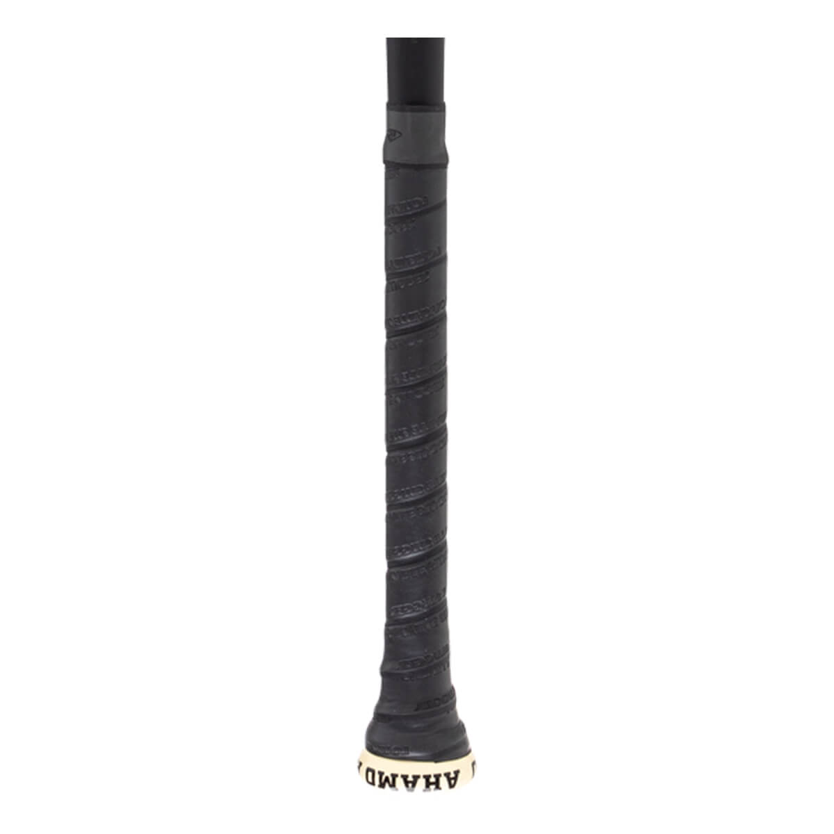 Close-up of a black baseball bat grip with a spiral texture and a white end cap showing reversed text.
