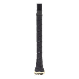 Close-up of a black baseball bat grip with a spiral texture and a white end cap showing reversed text.