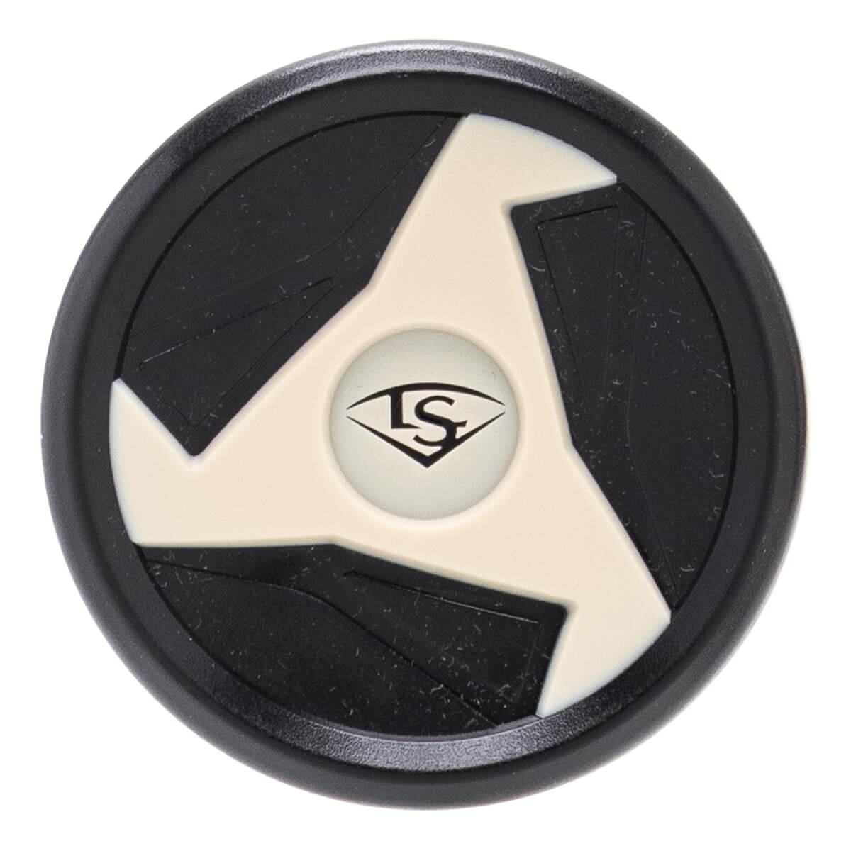 Top-down view of a black baseball bat end cap with an off-white three-pronged design and a central LS logo.