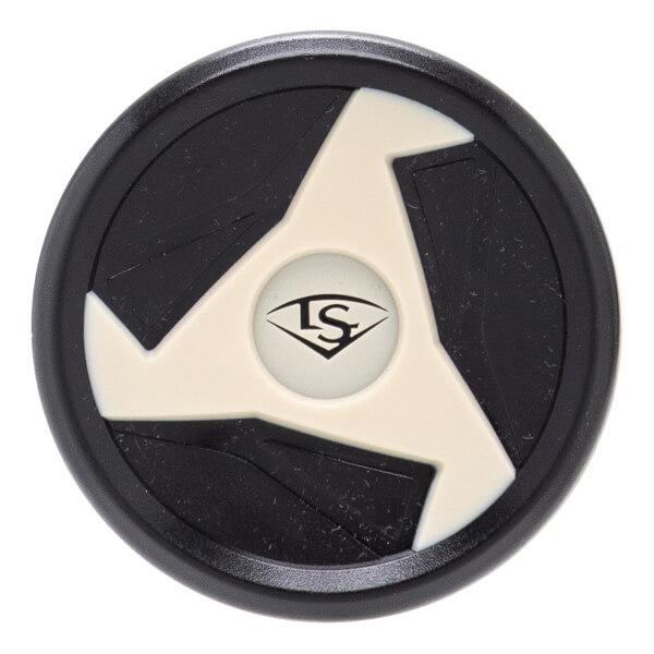 Top-down view of a black baseball bat end cap with an off-white three-pronged design and a central LS logo.
