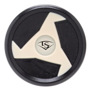 Top-down view of a black baseball bat end cap with an off-white three-pronged design and a central LS logo.
