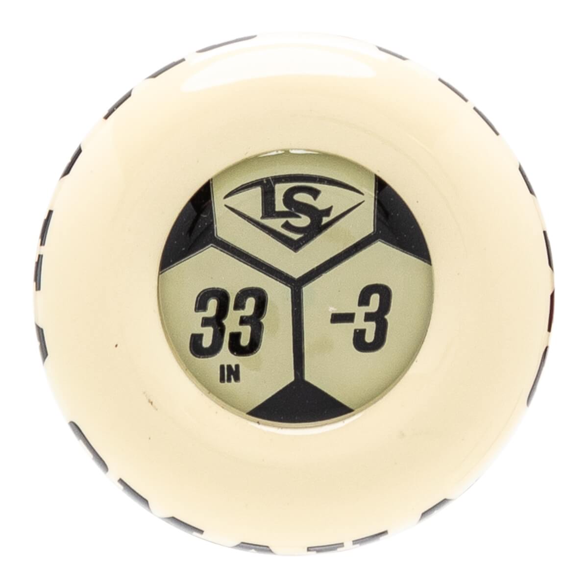 End cap view of a cream baseball bat with a black and cream hexagonal design showing the LS logo, 33 IN, and -3.