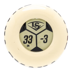 End cap view of a cream baseball bat with a black and cream hexagonal design showing the LS logo, 33 IN, and -3.