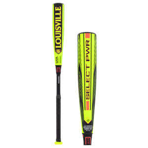 Split side view of a neon yellow and black baseball bat with Louisville and SELECT PWR branding.