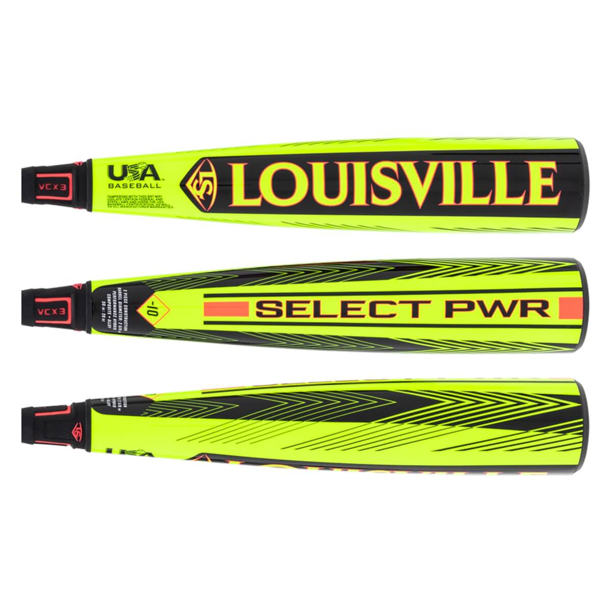 Multiple side views of a neon yellow baseball bat with LOUISVILLE and SELECT PWR branding, plus black chevron patterns.