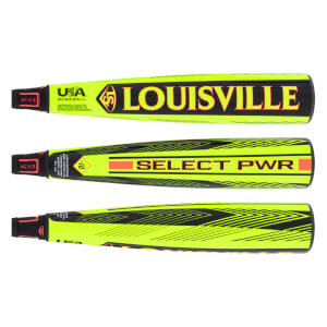 Multiple side views of a neon yellow baseball bat with LOUISVILLE and SELECT PWR branding, plus black chevron patterns.