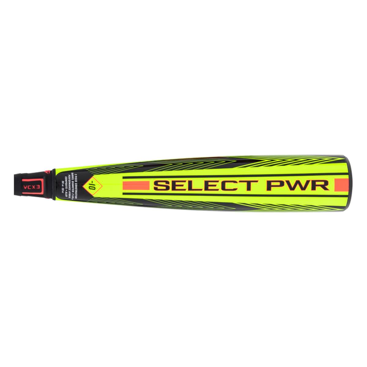 Side view of a neon yellow bat with SELECT PWR in black, black stripes, and -10 near the handle.