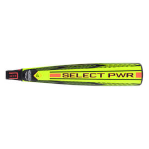 Side view of a neon yellow bat with SELECT PWR in black, black stripes, and -10 near the handle.