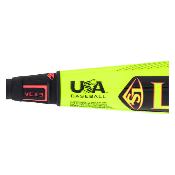 Close-up of a neon yellow baseball bat with a black USA BASEBALL logo, red VCX3 text, and black/red LS logo.
