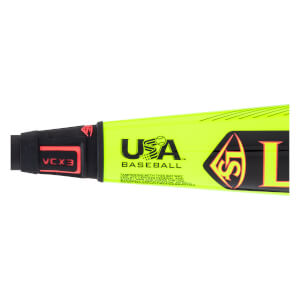 Close-up of a neon yellow baseball bat with a black USA BASEBALL logo, red VCX3 text, and black/red LS logo.