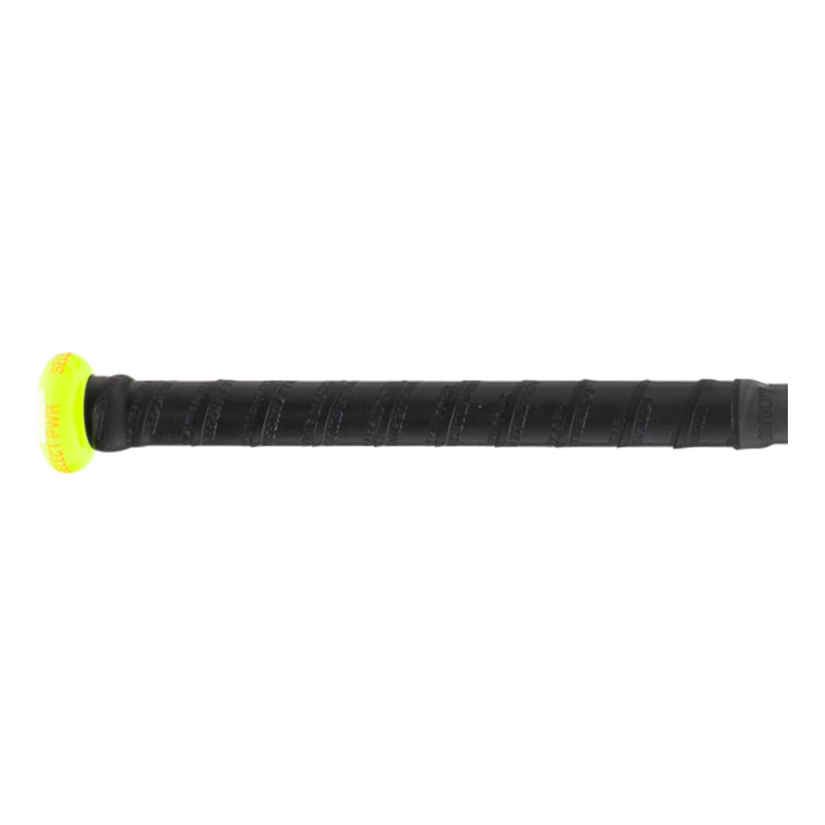 Close-up side view of a black baseball bat handle with a textured grip and neon yellow knob with PWR text.
