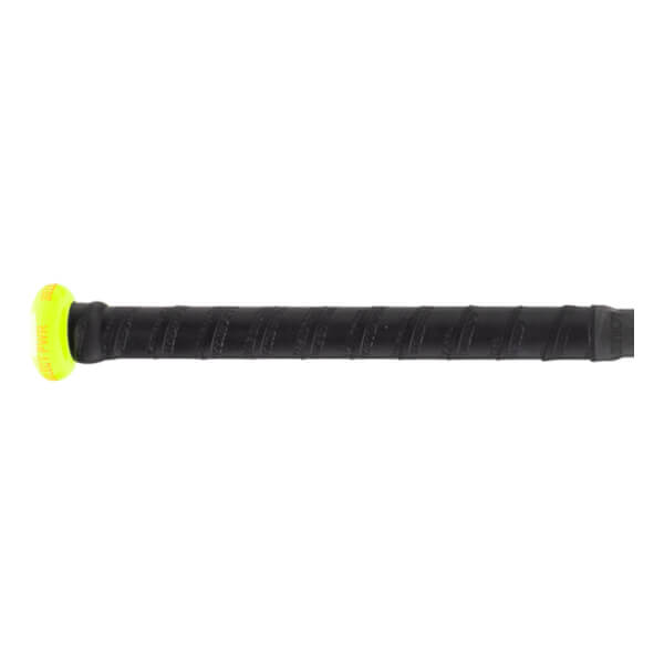 Close-up side view of a black baseball bat handle with a textured grip and neon yellow knob with PWR text.